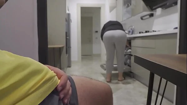 Stepmom caught me jerking off while watching her big ass in the Kitchen.