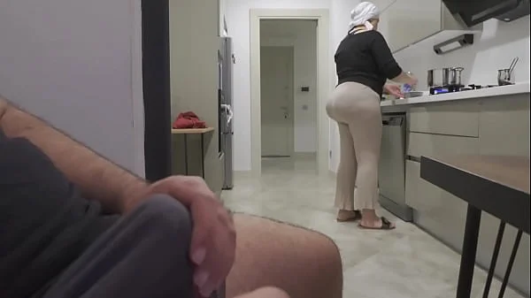 Risky jerk off while watching big ass stepmom in the kitchen.