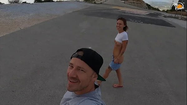 Crazy couple fucks on top of the mountain and cum on rented car