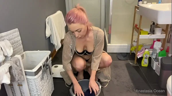 No bra, downblouse hotwife’s household chores.