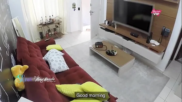 Hot wife welcomes the TV technician in a very provocative outfit and lets him cum on her - with English subtitles