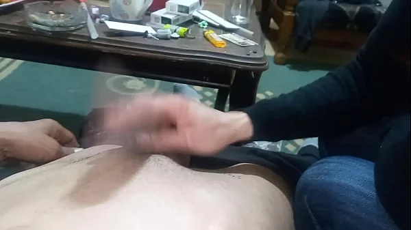 Arab wife jerking her husband