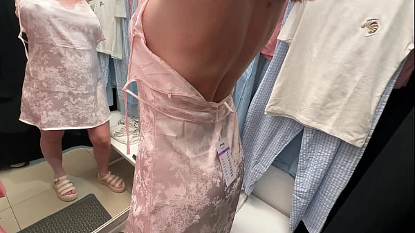 Fitting room. I spy on a busty beauty changing clothes and fuck her, ending up in her pussy