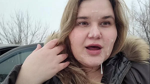 Huge facial of a cute BBW blonde with big breasts in inclement weather