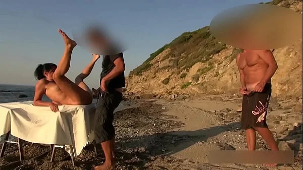 Cum orgy on the hotel beach. Free hole choice!