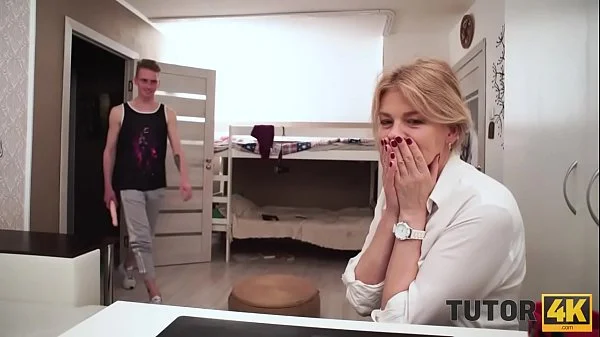 TUTOR4K. Man puts professor down on her knees for blowjob and fucks her