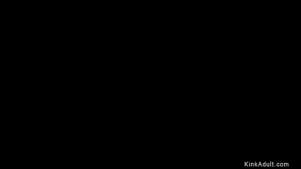 Oiled ebony in inverted bondage toyed