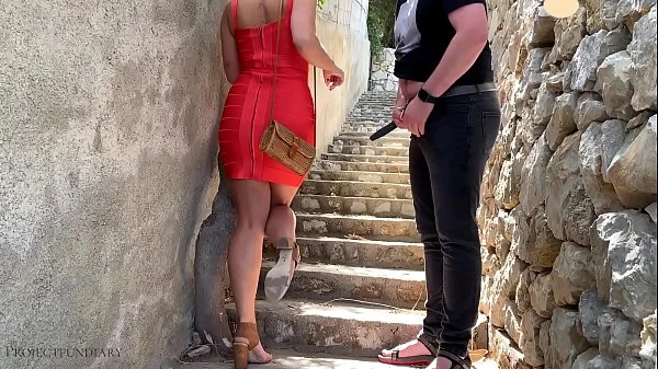 sexy bodycon slut - risky public fuck on stairs in the crowded city center - projectfundiary