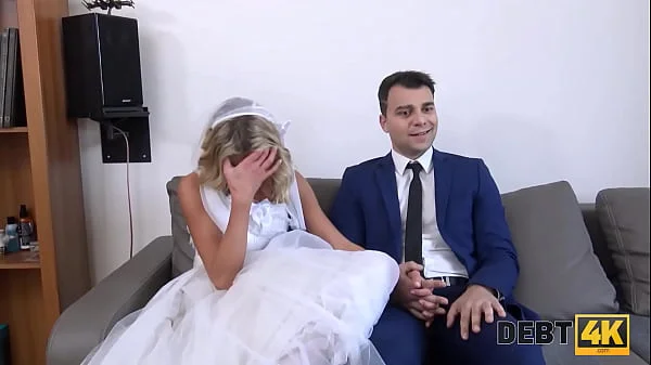 DEBT4k. Debt collector fucks the bride in white dress and stockings