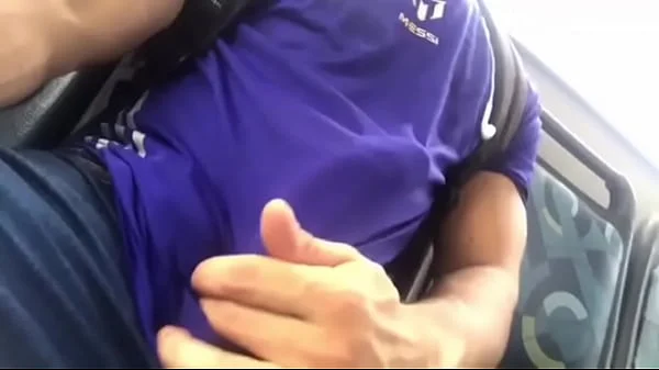 Muscle guy with big dick on bus