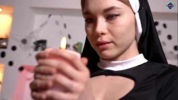 The nun gets horny from a big dick and takes cum in her tight pussy. Karneli Bandi