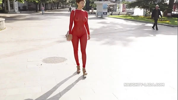 Morning walk in a transparent suit in public