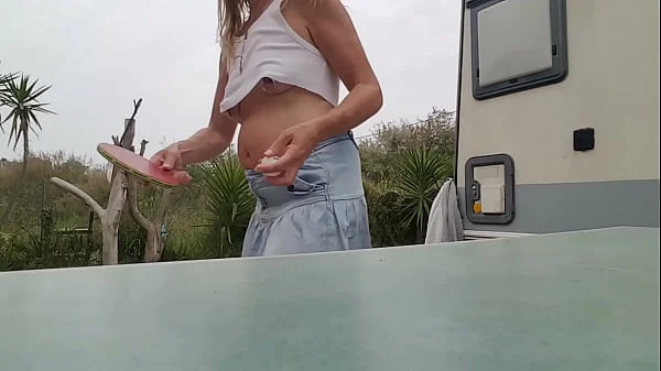 nippleringlover horny milf flashing pierced pussy small boobs with extreme big nipple piercings outdoors