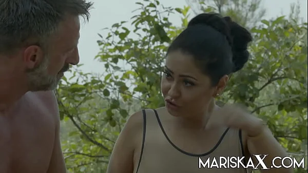MARISKAX Mariska takes on two dicks outdoors