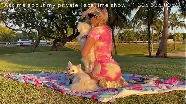 Incredible teen blonde playing without panties in public park