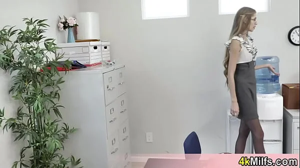 Extra skinny blonde secretary needs a good fuck so she jumps on her boss